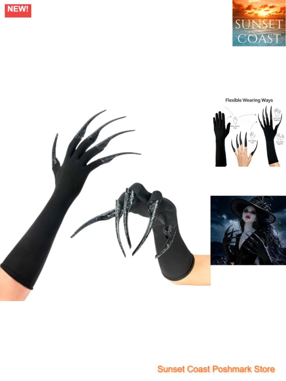Long Finger Claw Gloves Black Paw Gloves Scary Vampire Witch Demon Halloween